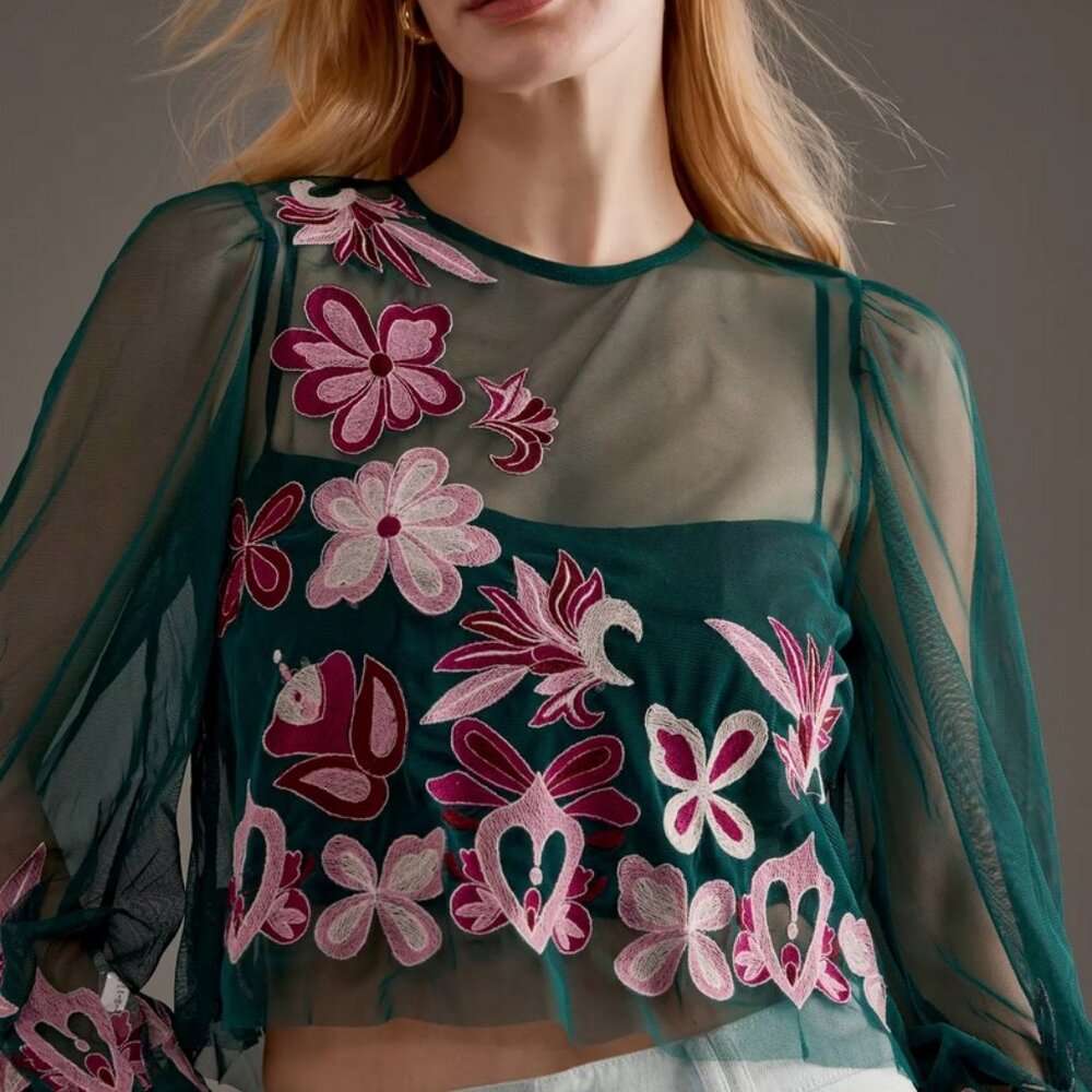 By Anthropologie Long-Sleeve Embroidered Mesh Top size XS nwt - Picture 8 of 9